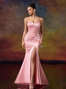 直筒甜心领细肩带晚会礼服，优雅正式舞会礼服，适合婚礼嘉宾、毕业典礼、晚宴