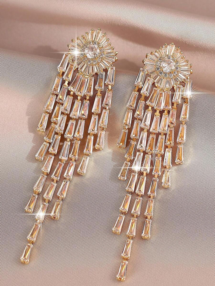 一对奢华闪亮大流苏锆石女士长耳环，情人节礼物，镶嵌AAA级立方氧化锆，订婚结婚耳环首饰，情人节，母亲节礼物 - 金色 - 查看 1