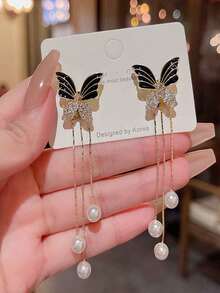 1 对女士黑蝴蝶耳环，百搭设计，可双向佩戴，配长流苏，时尚奢华风格，适合作为礼物 - 金黃色 - 查看 6