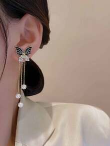 1 对女士黑蝴蝶耳环，百搭设计，可双向佩戴，配长流苏，时尚奢华风格，适合作为礼物 - 金黃色 - 查看 4