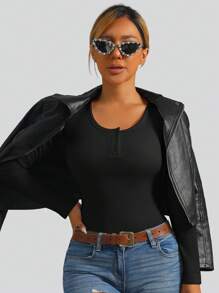 1pc Ribbed Velvet Seamless Top, 2in1 With Built-In Cup, Front Snap Button, Long Sleeve, Black, Autumn/Winter