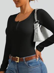 1pc Ribbed Velvet Seamless Top, 2in1 With Built-In Cup, Front Snap Button, Long Sleeve, Black, Autumn/Winter