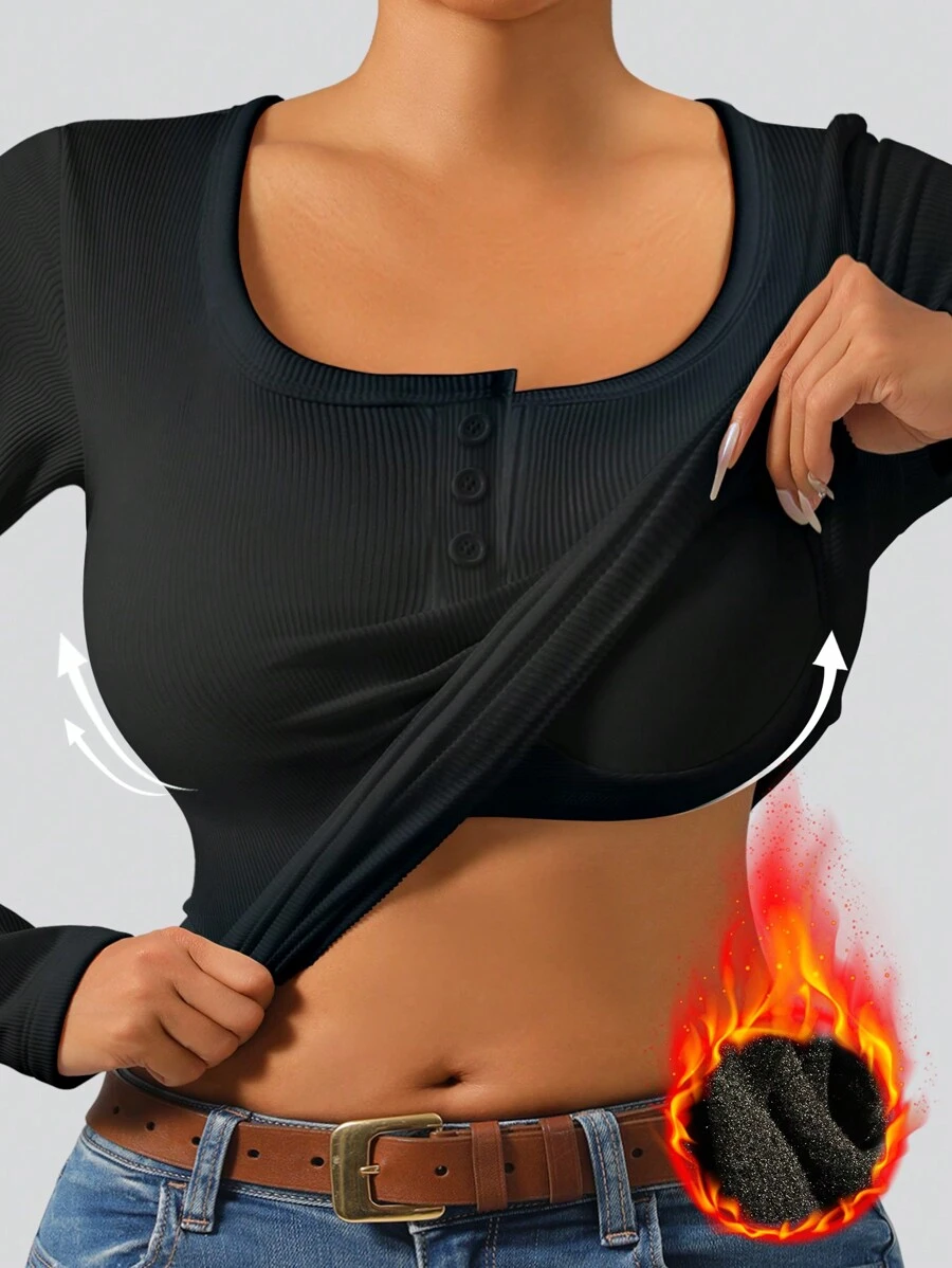1pc Ribbed Velvet Seamless Top, 2in1 With Built-In Cup, Front Snap Button, Long Sleeve, Black, Autumn/Winter