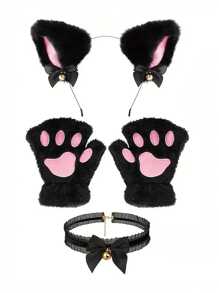 4 件毛绒黑猫/白猫/灰兔/白兔角色扮演配饰套装，包括毛绒猫耳头带、手套、带铃铛的项链、兔耳头带、蝴蝶结和兔嘴和尾巴装饰 - 万圣节派对服装 - 彩色 - 查看 1
