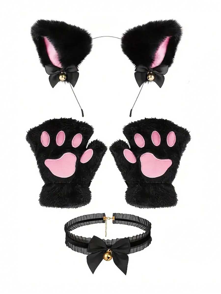 4 件毛绒黑猫/白猫/灰兔/白兔角色扮演配饰套装，包括毛绒猫耳头带、手套、带铃铛的项链、兔耳头带、蝴蝶结和兔嘴和尾巴装饰 - 万圣节派对服装 - 彩色 - 查看 1