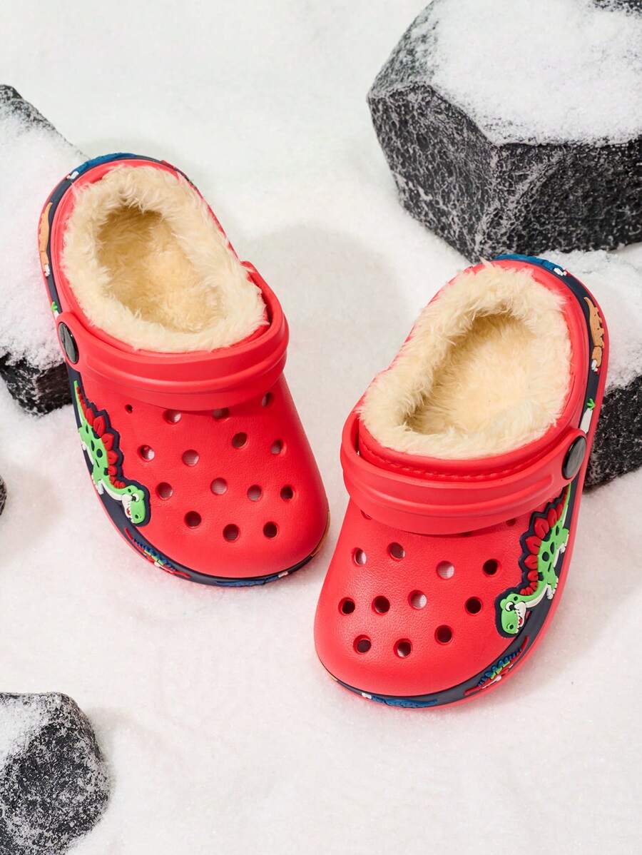 1 Pair Unisex Kids Slip-On Thermal Lined Hollow Breathable Comfy Slippers, Suitable For Autumn/Winter, Indoor And Outdoor - Red - View 1