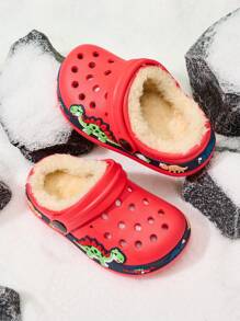 1 Pair Unisex Kids Slip-On Thermal Lined Hollow Breathable Comfy Slippers, Suitable For Autumn/Winter, Indoor And Outdoor - Red - View 5