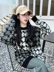 Women's Houndstooth Crew Neck Loose Fit Casual Sweater, Autumn/Winter