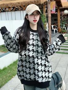 Women's Houndstooth Crew Neck Loose Fit Casual Sweater, Autumn/Winter