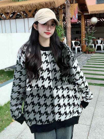 Women's Houndstooth Crew Neck Loose Fit Casual Sweater, Autumn/Winter