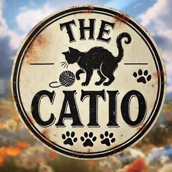 8"X8" Vintage Round Sign: "The Catio" - Playful Cat Design, Perfect For Kitchen, Home, Office, Cafe, Outdoor Decor, Wall Art, Housewarming Gift, Rustic Sign, Random Hole Placement