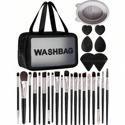 28件套化妆海绵和化妆刷套装，包含：20支化妆刷（面部刷、眼影刷、眉刷、粉底刷、腮红刷、晕染刷、遮瑕刷、唇刷、细节刷、鼻影刷、眼线刷、散粉刷、指甲刷、面膜刷、泥面膜刷）、1个化妆刷清洁碗、2个化妆海绵、2个三角粉扑、2个迷你心形化妆海绵、1个化妆包。价格实惠，适合作为圣诞礼物、化妆品、化妆工具、平价好物、礼品、女士礼品、圣诞礼物、赠品、旅行必备。
