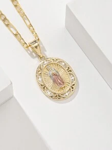 1pc 14K Gold-Plated Copper Alloy Zirconia Carved Virgin Mary Pendant Necklace, European & American Style, Suitable For Mothers, Couples, Sisters, Friends Gifts, Daily And Festival Wear, Prayer