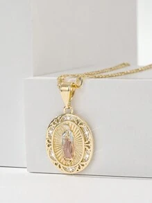 1pc 14K Gold-Plated Copper Alloy Zirconia Carved Virgin Mary Pendant Necklace, European & American Style, Suitable For Mothers, Couples, Sisters, Friends Gifts, Daily And Festival Wear, Prayer