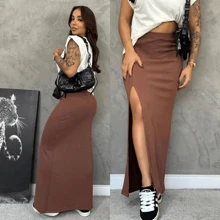 Jade Ribbed Skirt With Side Slit And Elastane - Blogger Style Midi Long Ribbed Slit Skirt - Super Comfortable Casual Fashion With Great Fit High Waist - 鏽棕色 - 查看 5