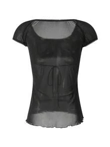 Women Fairy Grunge Y2k Shirts Square Neck Lace Patchwork Tops Vintage Aesthetic Clothing - 黑色 - 查看 7