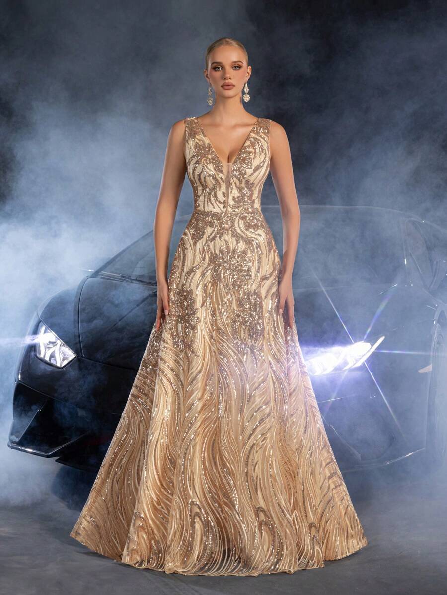 Faeriesty 优雅女士无袖深V领长款派对礼服 | 闪亮亮片点缀，完美适用于春季婚礼、花园派对、户外森林庆典、浪漫晚餐、正式肖像拍摄、湖畔聚会和梦幻晚宴、返校节和毕业典礼礼服、生日女士服装、春季连衣裙和夏季服装