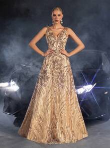 Faeriesty 优雅女士无袖深V领长款派对礼服 | 闪亮亮片点缀，完美适用于春季婚礼、花园派对、户外森林庆典、浪漫晚餐、正式肖像拍摄、湖畔聚会和梦幻晚宴、返校节和毕业典礼礼服、生日女士服装、春季连衣裙和夏季服装 - 香檳色 - 查看 4