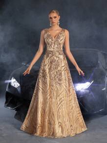 Faeriesty 优雅女士无袖深V领长款派对礼服 | 闪亮亮片点缀，完美适用于春季婚礼、花园派对、户外森林庆典、浪漫晚餐、正式肖像拍摄、湖畔聚会和梦幻晚宴、返校节和毕业典礼礼服、生日女士服装、春季连衣裙和夏季服装 - 香檳色 - 查看 6