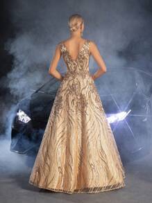 Faeriesty 优雅女士无袖深V领长款派对礼服 | 闪亮亮片点缀，完美适用于春季婚礼、花园派对、户外森林庆典、浪漫晚餐、正式肖像拍摄、湖畔聚会和梦幻晚宴、返校节和毕业典礼礼服、生日女士服装、春季连衣裙和夏季服装 - 香檳色 - 查看 3