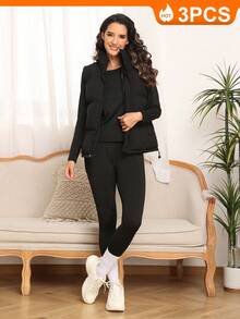 Conjunto de 3 piezas de ropa interior térmica para mujer, calzoncillos largos con forro polar, suave, para clima frío, cálido, pijama de invierno, parte superior e inferior - negro-negro-blanco - Ver 5