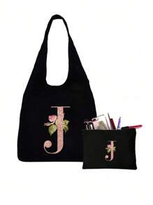 Bộ sản phẩm gồm 1 túi tote màu đen in họa tiết hoa và 1 túi nhỏ màu đen, túi tote in chữ cái A-Z màu hồng in họa tiết hoa + túi đựng mỹ phẩm, túi quà cưới/túi tote cá nhân hóa - màu đen - Xem 13