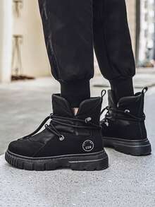 短靴休闲乐福鞋一脚蹬靴男士时尚潮流百搭防滑厚底工装靴高帮2024年冬季新品 - 黑色 - 查看 5