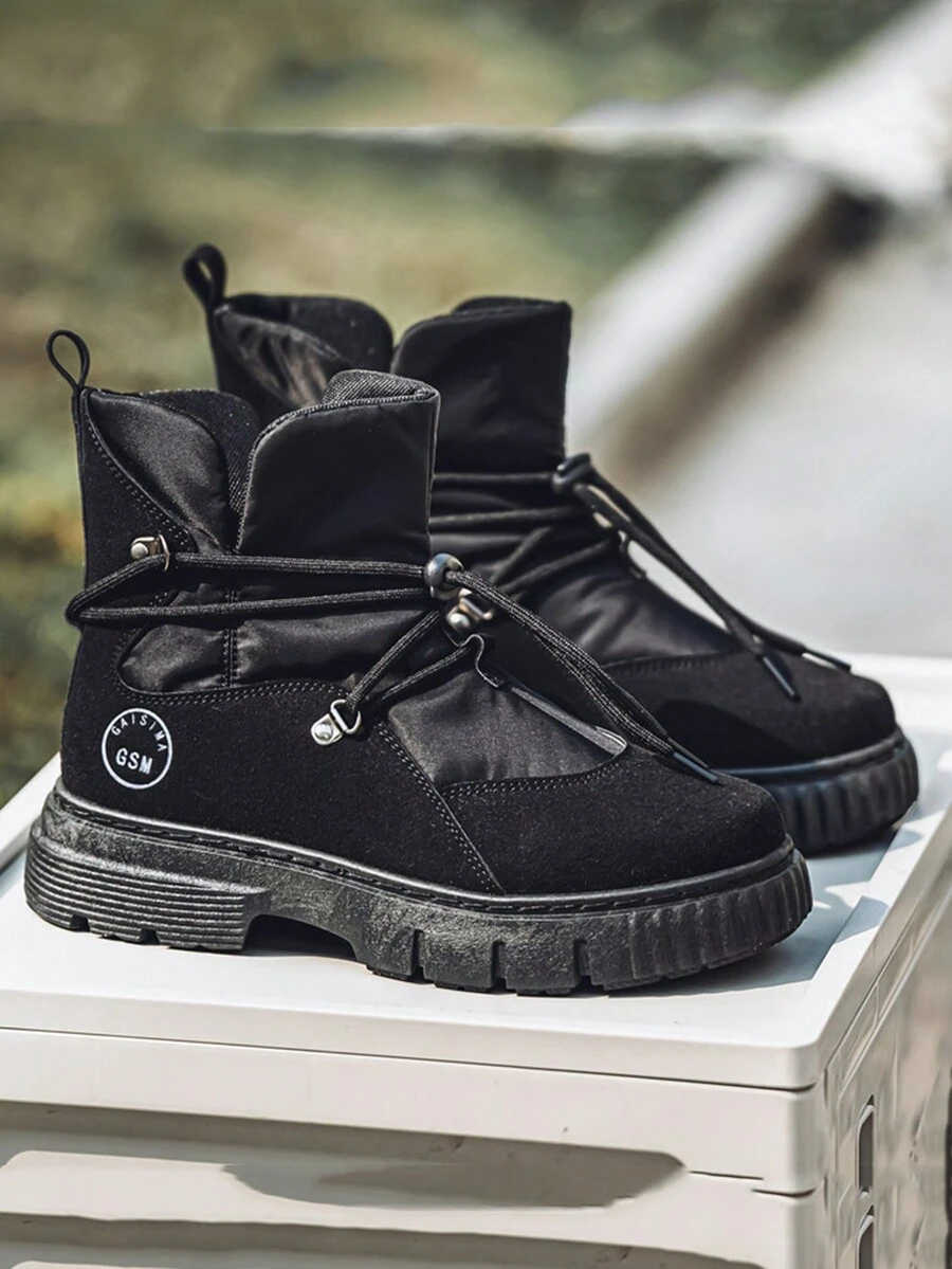 短靴休闲乐福鞋一脚蹬靴男士时尚潮流百搭防滑厚底工装靴高帮2024年冬季新品 - 黑色 - 查看 1