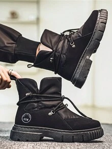 短靴休闲乐福鞋一脚蹬靴男士时尚潮流百搭防滑厚底工装靴高帮2024年冬季新品 - 黑色 - 查看 4