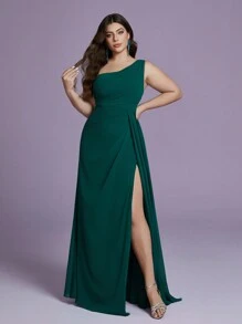 加大码女式 Mgiacy 斜肩褶皱高开衩 A 字型优雅伴娘长裙