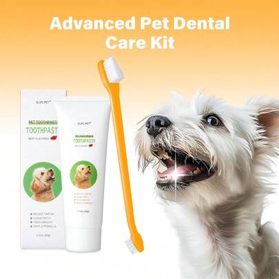 PETSIN Bộ chăm sóc răng miệng cao cấp cho thú cưng | Bao gồm kem đánh răng & bàn chải đánh răng hai đầu | Chống cao răng hiệu quả | An toàn cho chó con, Gói 2 món, Hương vị thịt bò thơm ngon, Làm thơm miệng, Nhẹ nhàng với nướu