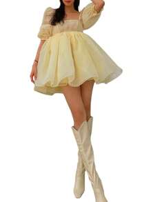 Women Summer Puffy Dress, Solid Color Square Neck Bubble Sleeve One-Piece Short Dress For Ladies, Pink/Purple/Yellow - Màu vàng - Xem 5
