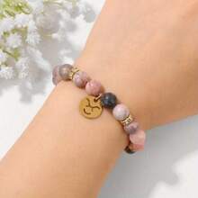 1 pieza Nuevo brazalete de cuentas de jaspe rosa con estampado de cebra de 8mm, Pulsera elástica con 12 signos del zodíaco, Juego de pulseras para pareja, Regalo de cumpleaños de joyería