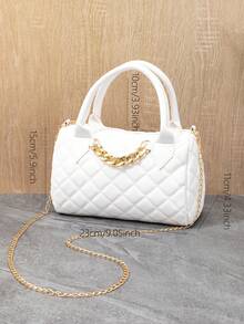 全新时尚菱形图案波士顿包，带刺绣线饰链条单肩手提包 - 白色 - 查看 2