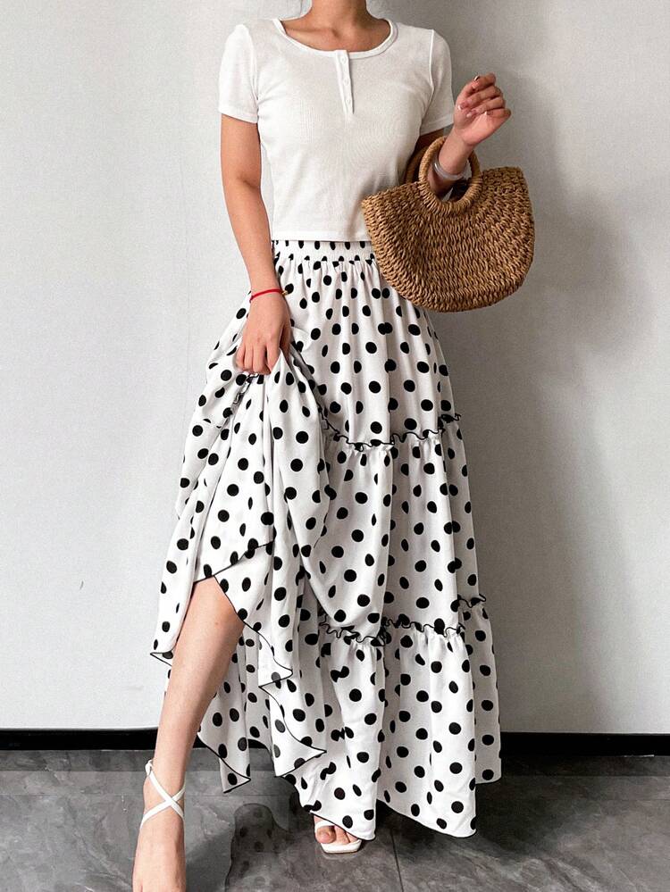 Falda elegante y romántica con contraste de lunares en capas para vacaciones de mujer - Blanco - Ver 2