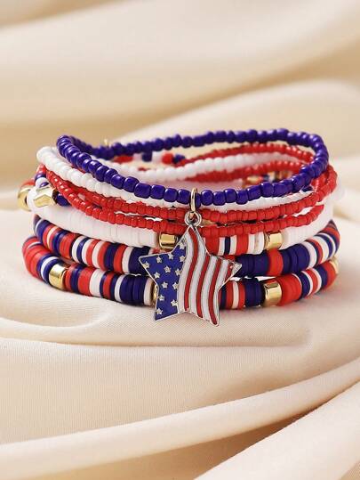 6pcs American Flag Color Star Pendant Beaded Multilayer Bracelet Set, Suitable For Women's Daily Casual, Holiday, Memorial, Party Wear