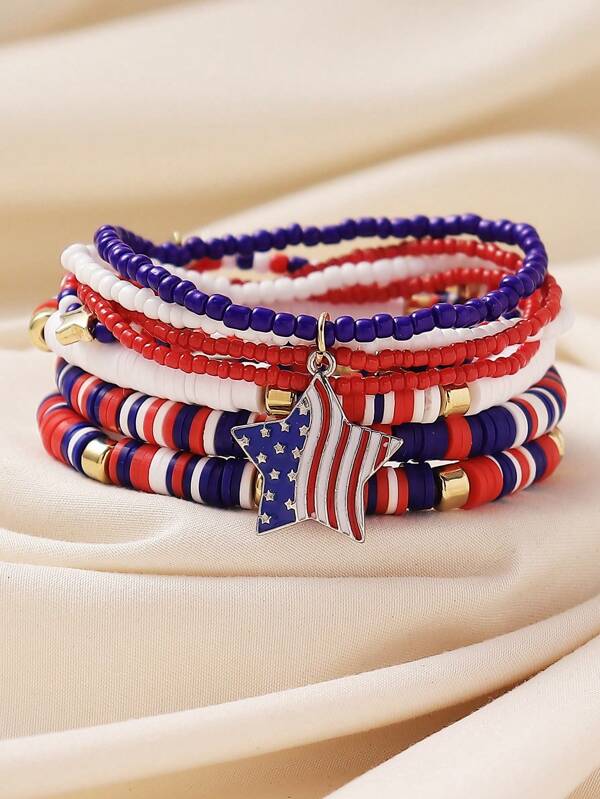 6pcs American Flag Color Star Pendant Beaded Multilayer Bracelet Set, Suitable For Women's Daily Casual, Holiday, Memorial, Party Wear