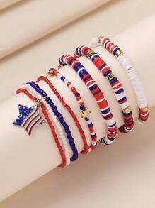 6件套美国国旗彩色星星吊坠串珠多层手链套装，适合女性日常休闲、节日、纪念日、派对佩戴 - 彩色 - 查看 2