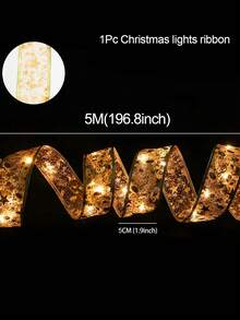 1pc/2pcs 5m/10m Christmas Ribbon LED String Light, Gold Ribbon Christmas Tree Decor, Christmas Decor, Christmas Tree Pendant Gift, Outdoor Indoor Staircase Fireplace Decoration Ribbon Light Strip, Merry Christmas Decoration For Home, Christmas Ornaments