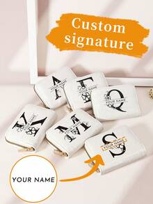 定制姓名签名鳄鱼印花字母花朵图案时尚多卡位钱包，短款钱包，适合情人节、母亲节、生日礼物，女士钱包和包包，本地潮流 - 白色 - 查看 3