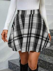 Keke Bloomly 秋冬/春季新款复古经典百搭加厚高腰不规则灰色格纹A字迷你裙，适合日常出行、派对、返校、舒适办公/休闲穿着、情人节穿搭