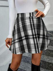 Keke Bloomly 秋冬/春季新款复古经典百搭加厚高腰不规则灰色格纹A字迷你裙，适合日常出行、派对、返校、舒适办公/休闲穿着、情人节穿搭