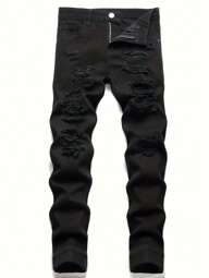 Men's Fashionable Streetwear: Straight Leg Distressed Black Denim Jeans