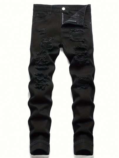 Men's Fashionable Streetwear: Straight Leg Distressed Black Denim Jeans