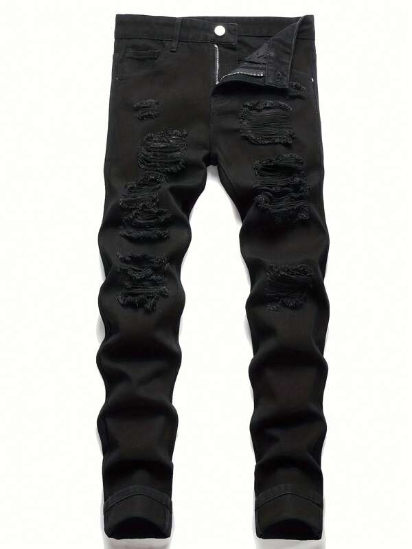 Men's Fashion Casual Outdoor Activities Street Comfortable Distressed Black Denim Jeans, Suitable For All Seasons