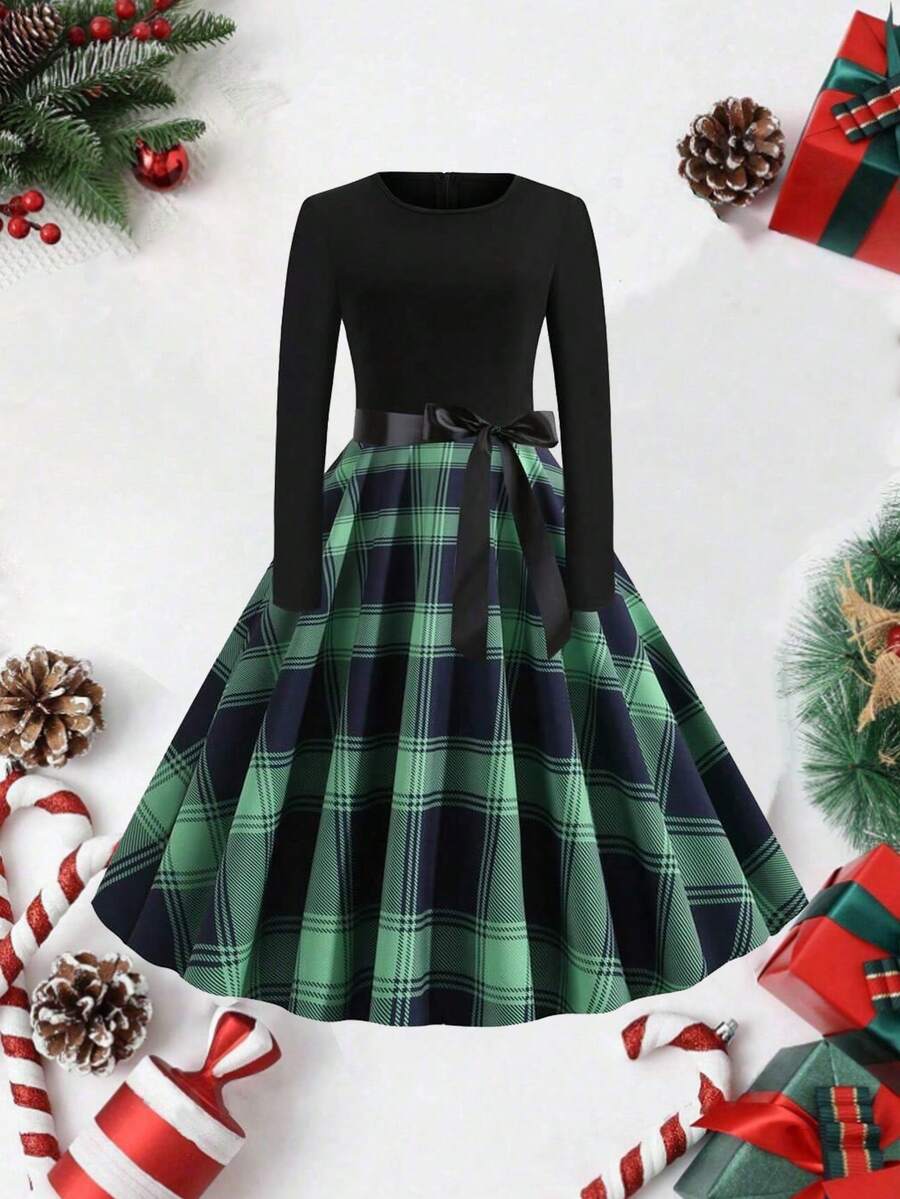 Vestido de Navidad largo de manga larga con cuello redondo, cintura alta, diseño de parches y estampado a cuadros retro con cinta - Verde - Ver 1