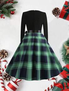 Vestido de Navidad largo de manga larga con cuello redondo, cintura alta, diseño de parches y estampado a cuadros retro con cinta - Verde - Ver 2