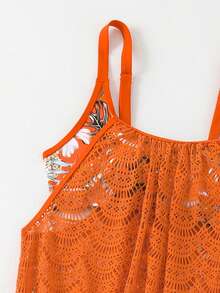 2 Pieces Women Tropical Print High-End Swimsuit, Hollow Strap, Briefs, Conservative & Elegant Fashion, Summer Beach Holiday - Burnt Orange - View 7