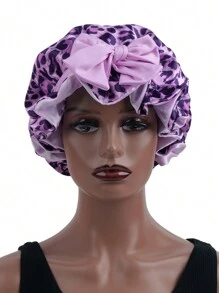 1 pieza Gorro reversible de satén forrado para mujer, gorro para dormir de unicolor suave y transpirable con estampado de leopardo de doble capa, para el cuidado del cabello, uso cómodo para todos los días