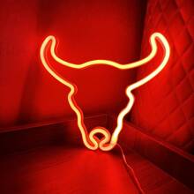 1pc 11.1x9.9in (Approx. 28x25.3cm) USB/Battery Powered LED Neon Sign Pink Bull Head Wall Decor, Suitable For Bedroom, Room, Wedding, Bar, Cow Party Decoration, Blue - Multicolor - View 2